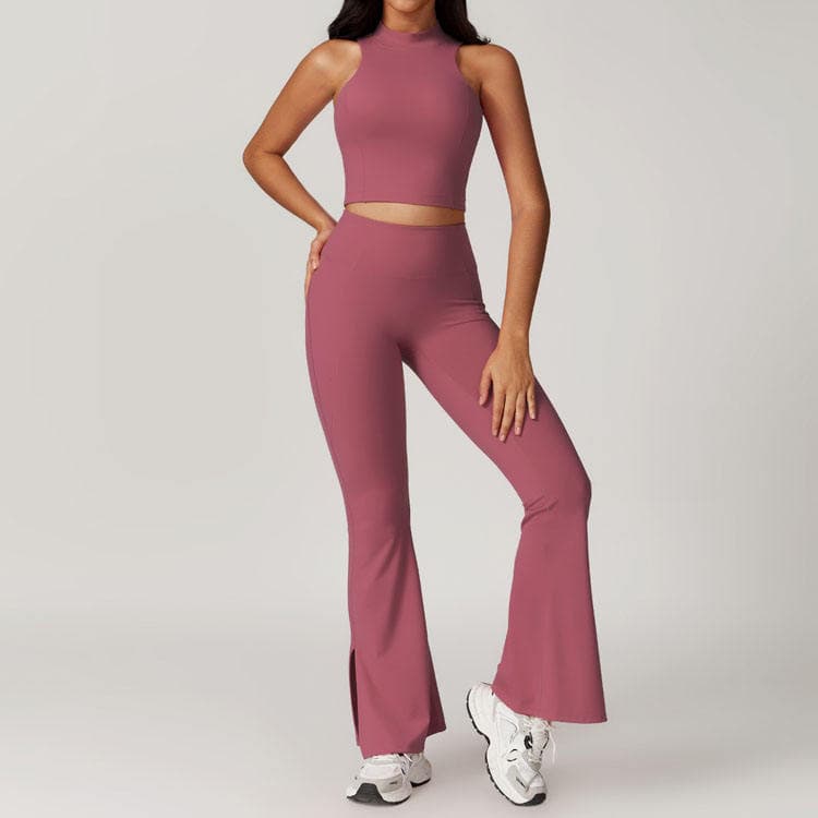 Daily Sleeveless Solid Color Quick Drying High Elastic Seamless Tight Yoga Set Comfortable Yoga Flared Pants