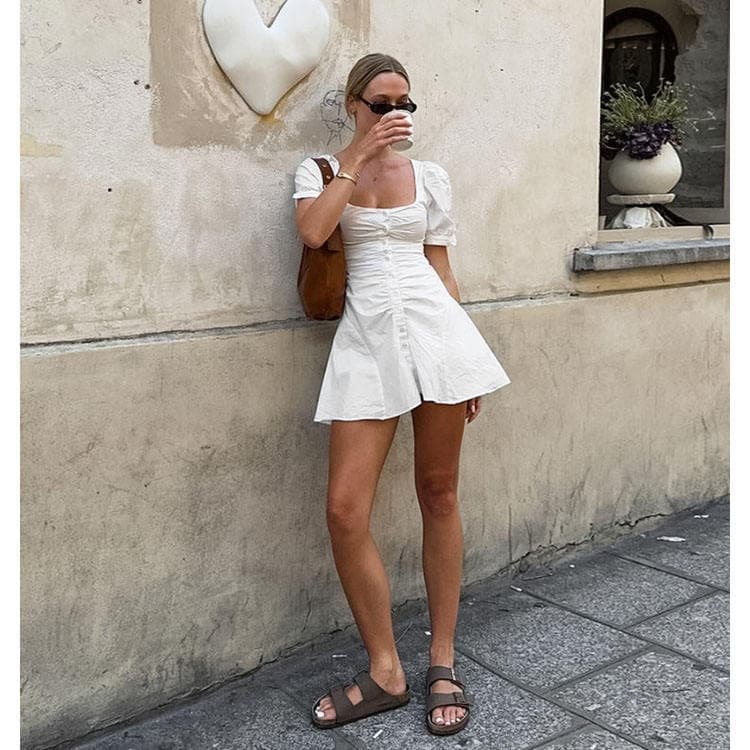 Wenshuo Square Neck Dress Wholesale Casual Summer Dress Custom logo Solid Color Dress Factory Directly