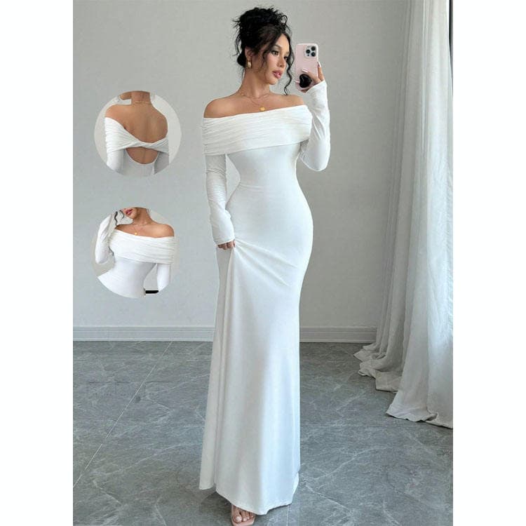 Wenshuo Elegant Long Sleeve Dress Wholesale Off-the-shoulder Dress Custom logo Solid Color Maxi Dress Factory Directly