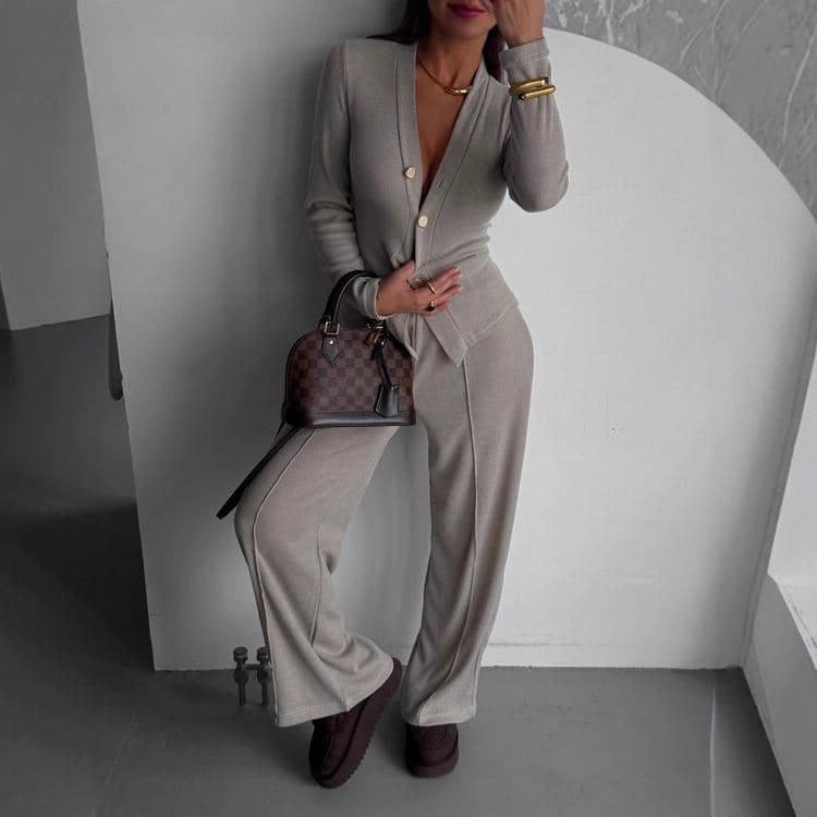 Wenshuo Long Sleeve Cardigan Top Wholesale Loose Straight Leg Trousers Custom logo Casual Women Set Factory Directly