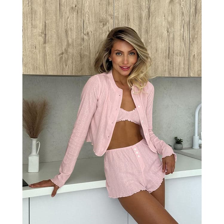 New Long Sleeve Knit Cardigan Shorts Set Solid Color Breathable Pajama Set