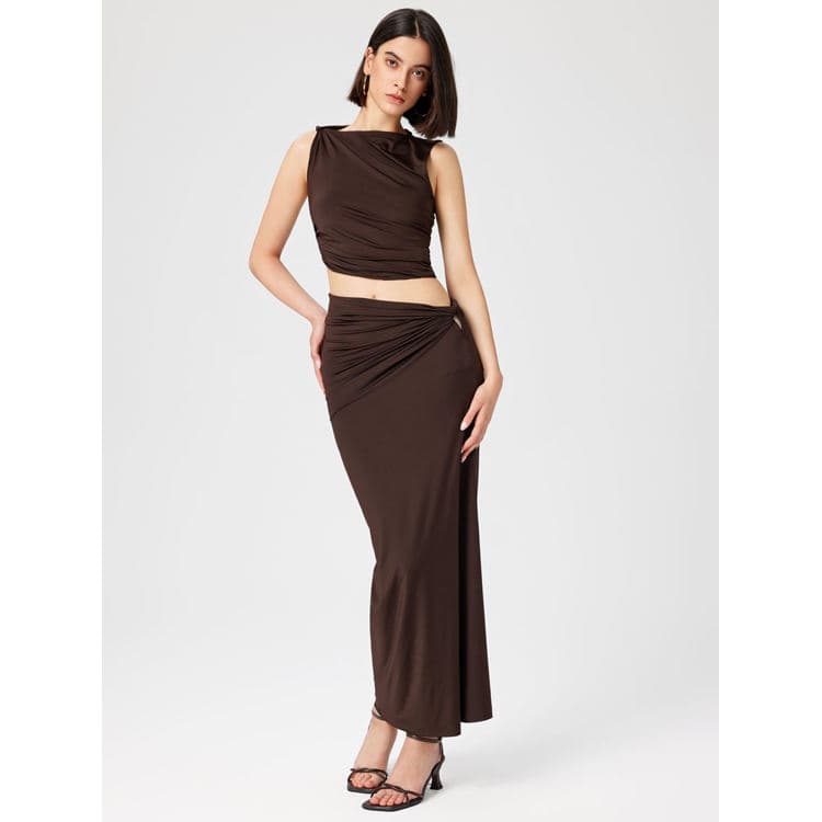 2025 Women Set Solid Color 2 Piece Set Sleeveless Top and Hollow Out Long Dress Pleated Set for Women