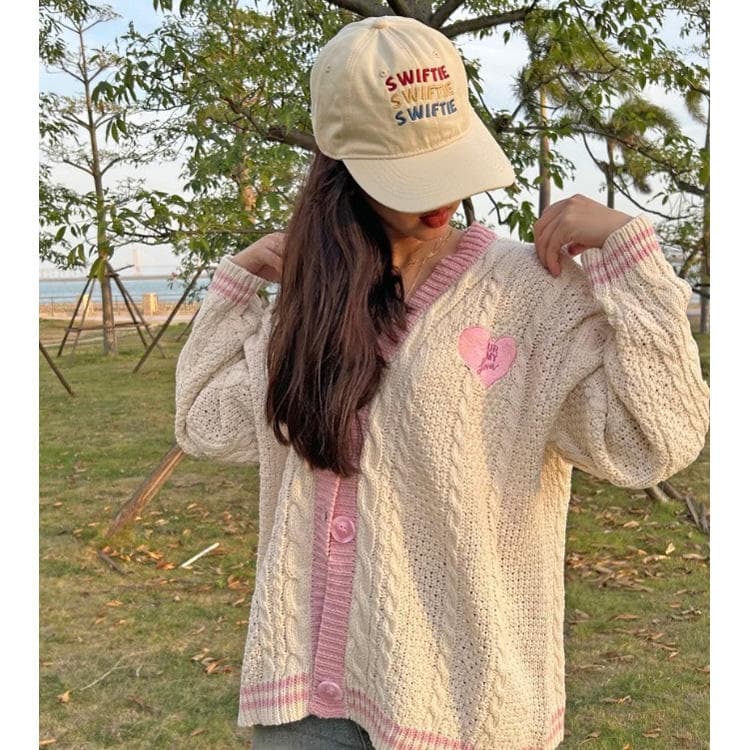 New Pink Knitted Shirt Star Embroidery Knitted Cardigan Love Girl Sweater Coat