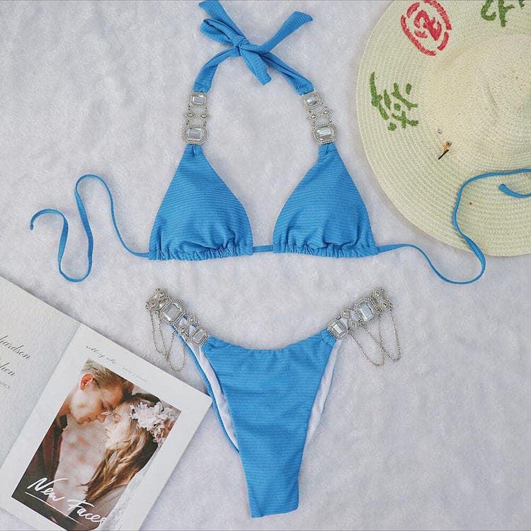 2024 New Sexy Solid Color Split Strap Metal Crystal Diamond Bikini Swimsuit for Women