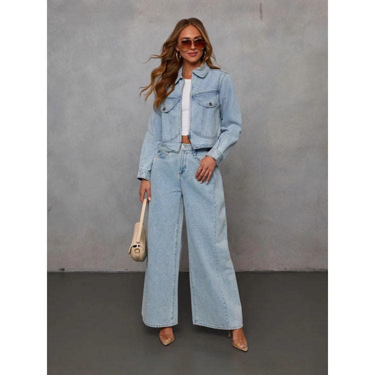 S-XL Women 2025 Spring Denim Jacket and Pants Set Oversize Casual Chic Wide Leg Jumpsuit Alternative with Pockets