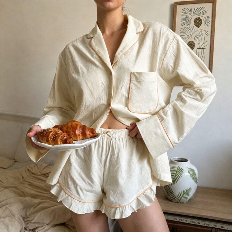 Wenshuo Ruffled Cotton Loungewear Wholesale Casual Long Sleeve Top Custom logo Solid Color Pajama Set Factory Directly