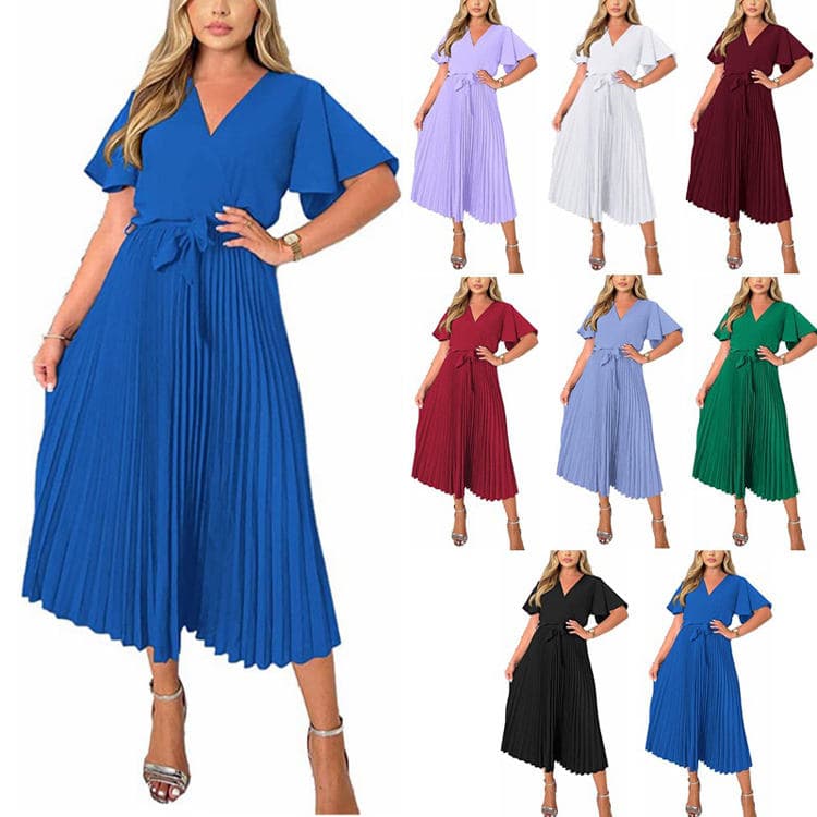 Custom logo Solid Color Dress V-tie Hem Pleated Short-sleeved Dress