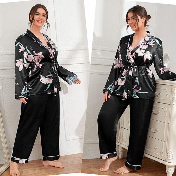 Plus Size Pajamas Women Cardigan Lace up Robe Casual Loose Home Women Pajamas Set