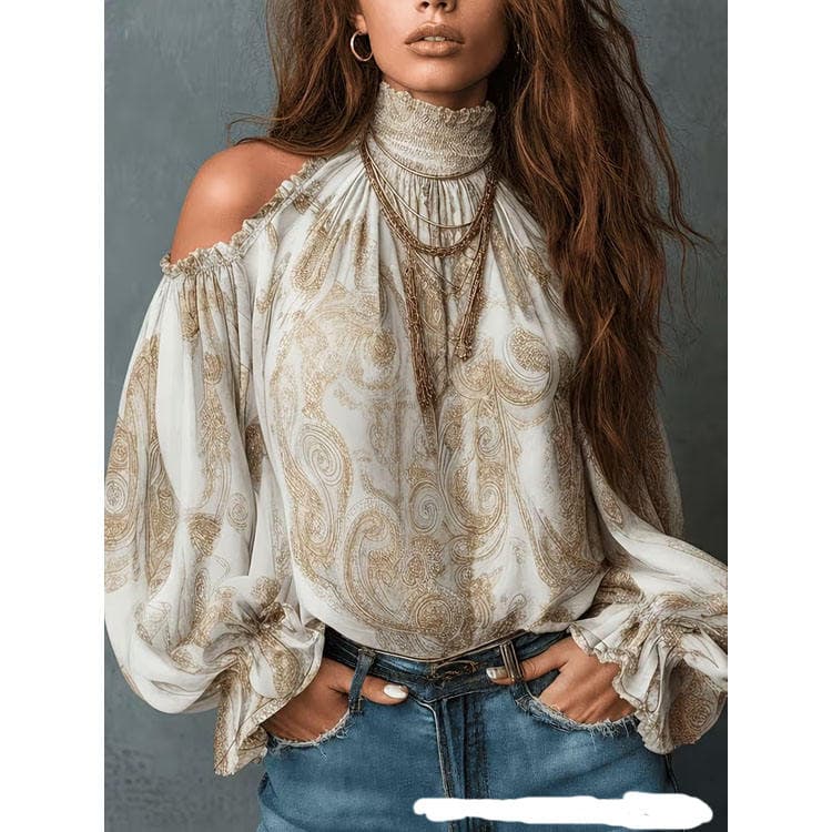 Wenshuo Vintage Paisley Print Women Casual Top High Neck Off Shoulder Chiffon Blouse with Lantern Sleeve Top