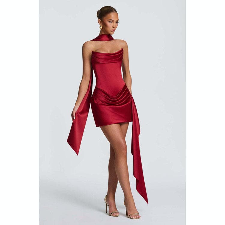 Wenshuo Satin Evening Dress Wholesale Bracket Evening Gown Custom logo Pleated Mini Dress Factory Directly