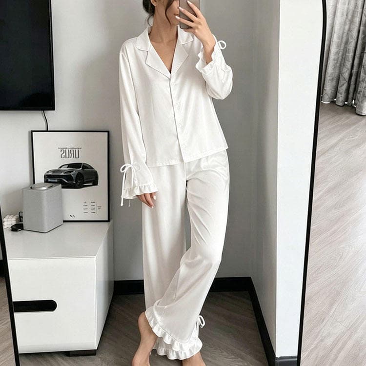 Wenshuo Casual Ribbon Pajamas Wholesale Summer Ruffled Loungewear Custom logo Solid Color Pajamas Factory Directly