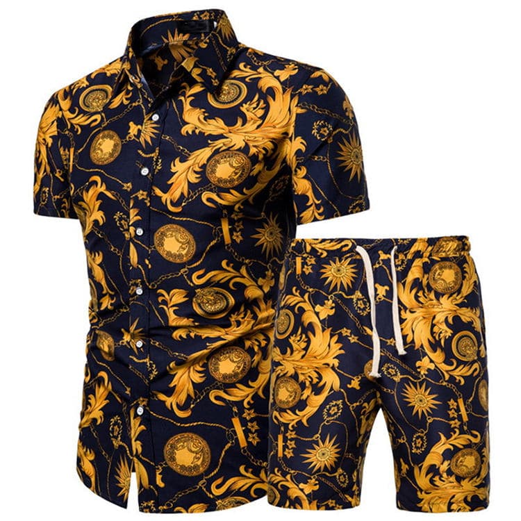 Casual Suit Mens Seaside Style Short Sleeved Shirt Beach Shorts Two Piece Set
