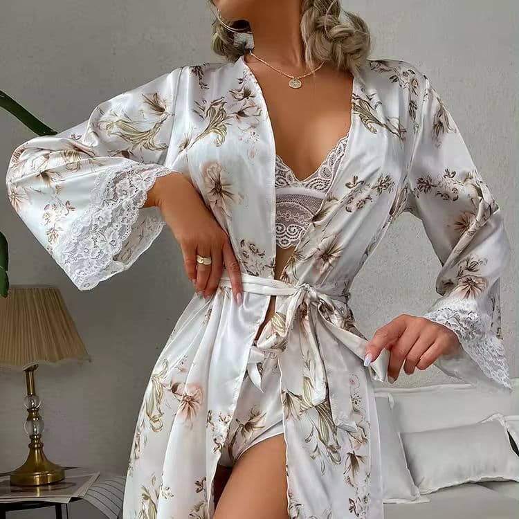 Autumn Women Nightgown Sexy Lace Cardigan Lounge Wear Bathrobe Pajamas