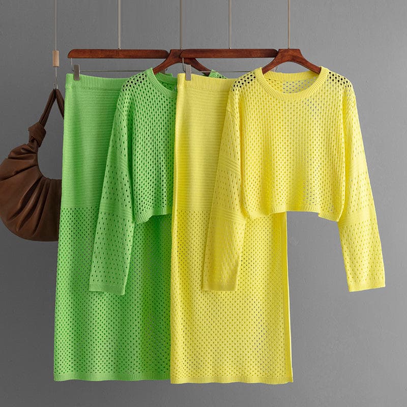 Knitted Dress Set Wholesale Round Neck Long Sleeve Top Custom logo Casual Long Dress Factory Directly