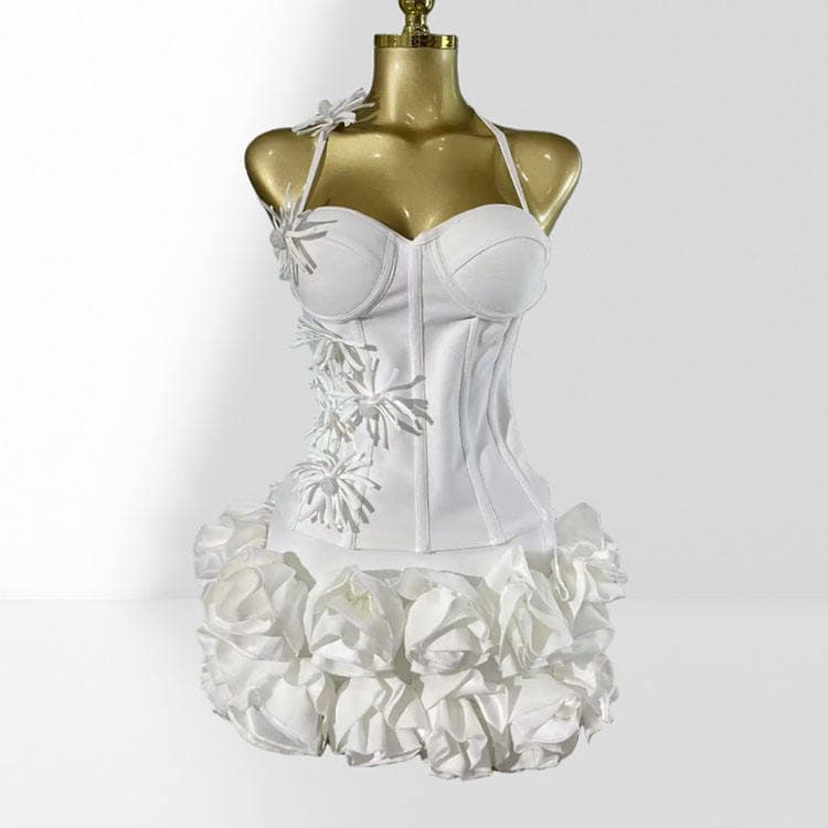 Wenshuo 2026 Halter Top and 3D Floral Mini Skirt Set Fashion Slim Sexy Party Set Solid Color Bandage Fitted Set