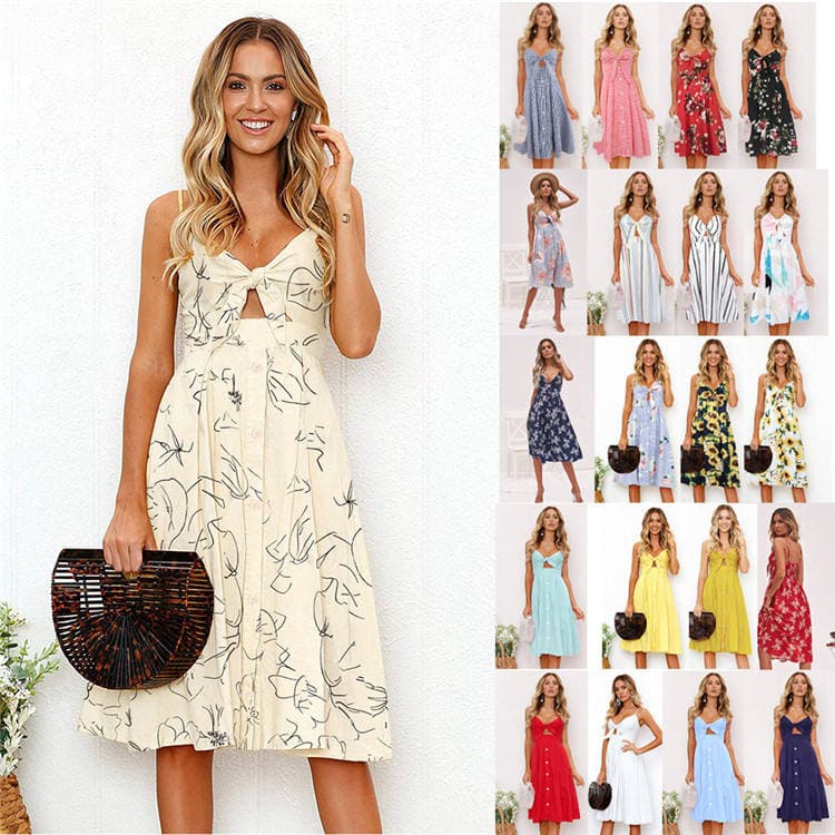 Summer 2024 New Halter Backless Skirt Printed Floral Bohemian Sexy Holiday Beach Dresses for Women