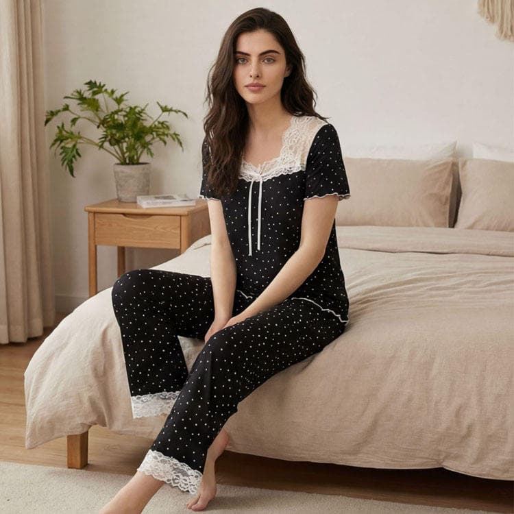 Wenshuo Casual Lace Sleepwear Wholesale Polka Dot Loungewear Custom logo Summer Sleepwear Factory Directly