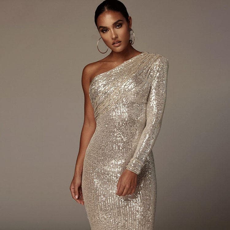 Women One Shoulder Long Sleeve Dresses Slim Fit Sexy Sequin Dresses Luxury Commuter Party Dresses