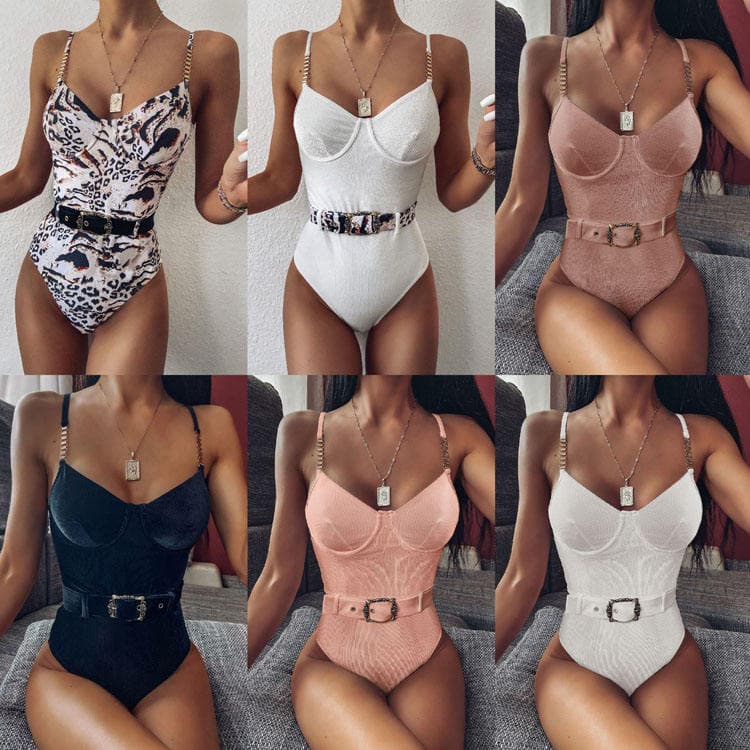 2024 Special Cloth Waist Buckle Metal Chain Shoulder Strap One Piece Bikini Swimsuit for Women