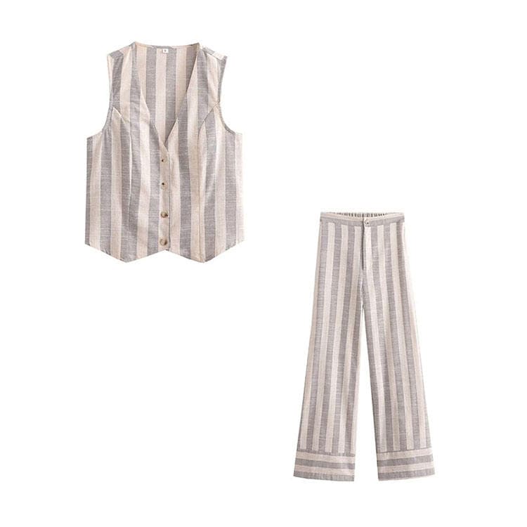 2023 Spring New Women Clothing V Neck Single-breasted Cardigan Striped Vest Casual Pants Suit