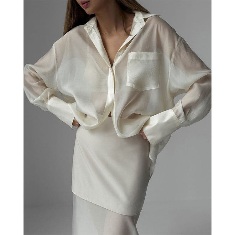 Plus Size Women Fall 2 Piece Set Silky Shirt and  Mesh High Waist Skirt with Pockets Anti Peek Office Daily Wear