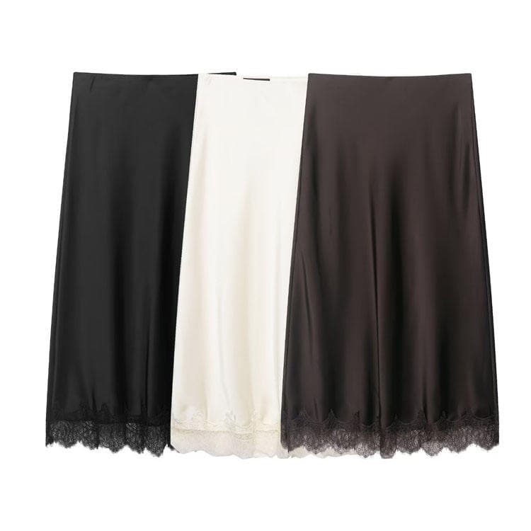 Wenshuo Women Clothing Wholesale 2026 New Arrival Fashion and Elegant Lace Satin Midi Skirt Solid Color Midi Skirt