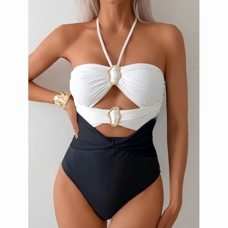 Color Patchwork Sexy One Piece Hollow Out Bikini Halter Luxury Simple Fashion Push up Swimwear