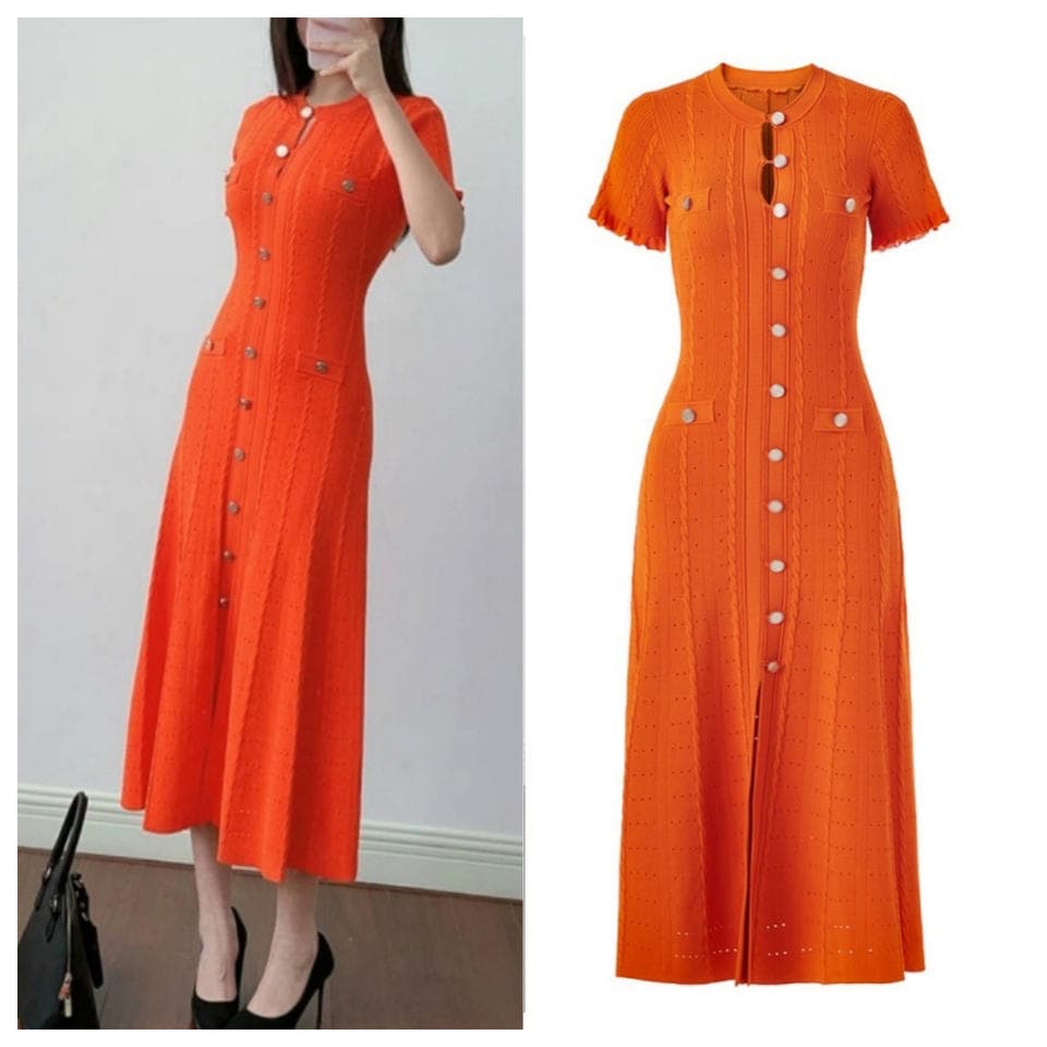 2025 Summer Womens Causal Dress Temperament Slim French Dress Womens Short Sleeve Round Neck Long Knitted Dress