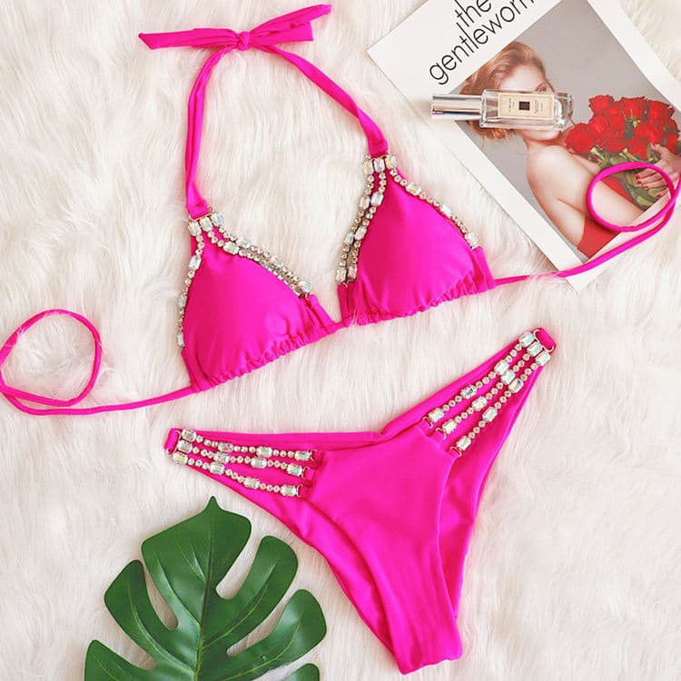 New Style Sexy Bikini Beachwear Solid Color Diamond Design Swimwear Crystal Bikini