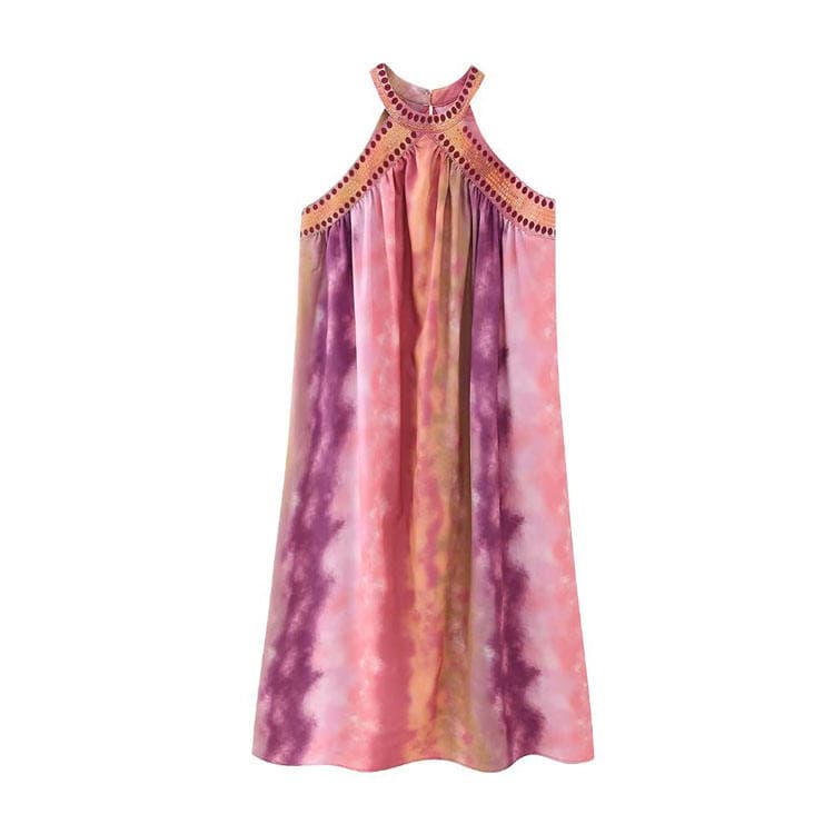 2023 Summer New Casual Dress Sexy Crew Neck Lace up Skirt Sleeveless Printed Short Dress Female Dress