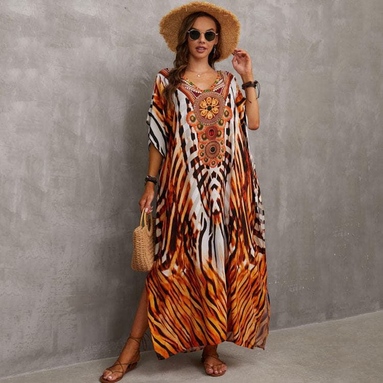 Beach Position Printed Flowers Cover Ups Oversize Women Holiday Long Dress