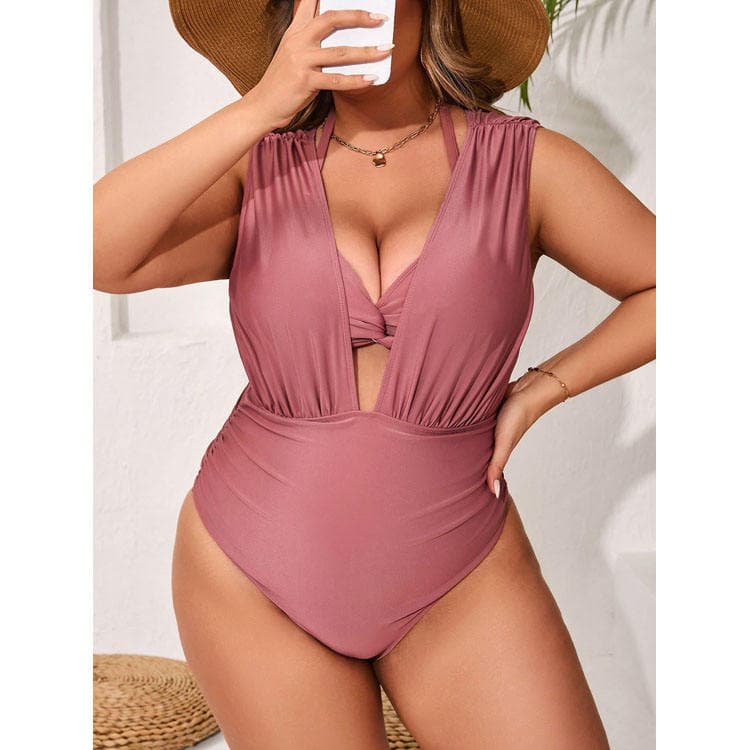 New Fashion Solid Color v Neck 2025 Pink Conservative Swimsuit Full Coverage Comfortable High Quality Swimwear