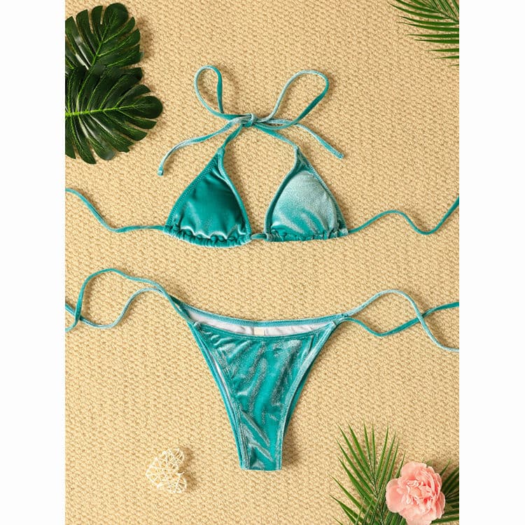 Basic Simple Sexy Halter Bikini Plain Color Two Piece Swimsuit Velvet Bikinis for Women
