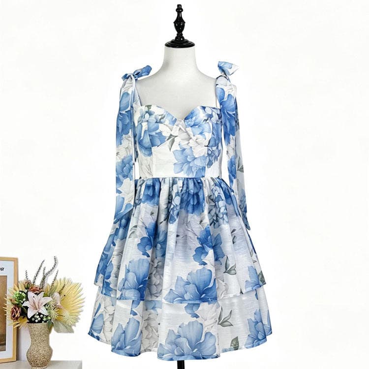 Wenshuo Floral Print slip Dress Summer Tie Waist Slim Fit a Line Dress Women Casual Pleated Midi Dress