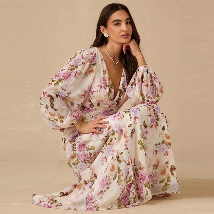 Wenshuo V Neck Printed Dress Wholesale Ruffled Summer Dress Custom logo Casual Long Sleeve Dress Factory Directly