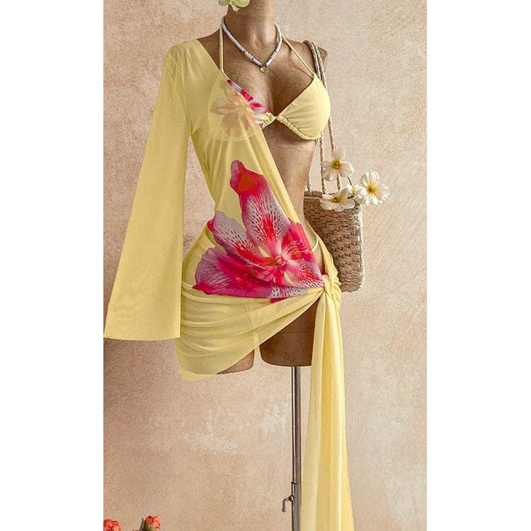 Wholesale See Through Floral Print 3 Piece Bikini Set Sexy High Quality Halter Beachwear Backless Attractive Swimwear