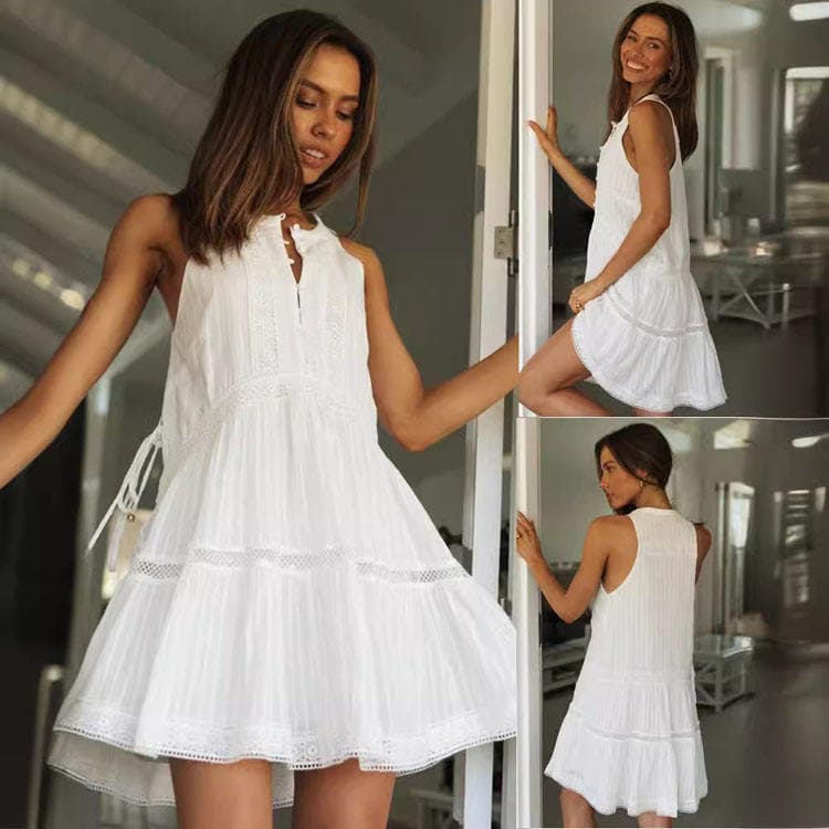 Wenshuo Hollow Loose Striped Dress Wholesale Sleeveless Casual Dress Custom logo Summer Short Dress Factory Directly