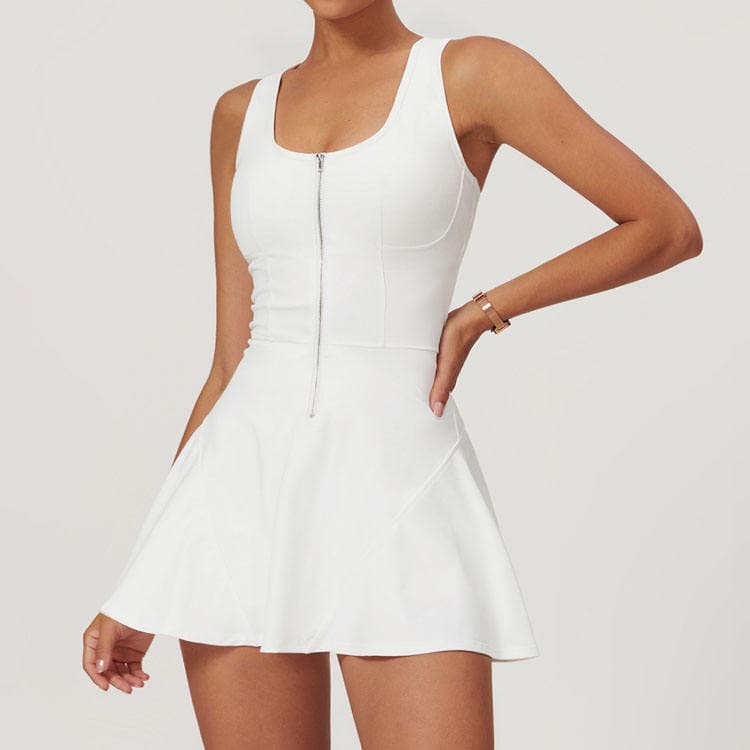 Breathable Solid Color Zipper Bottom Sports Dress Summer Sleeveless Nude Anti Exposure U Neck Tennis Skirt