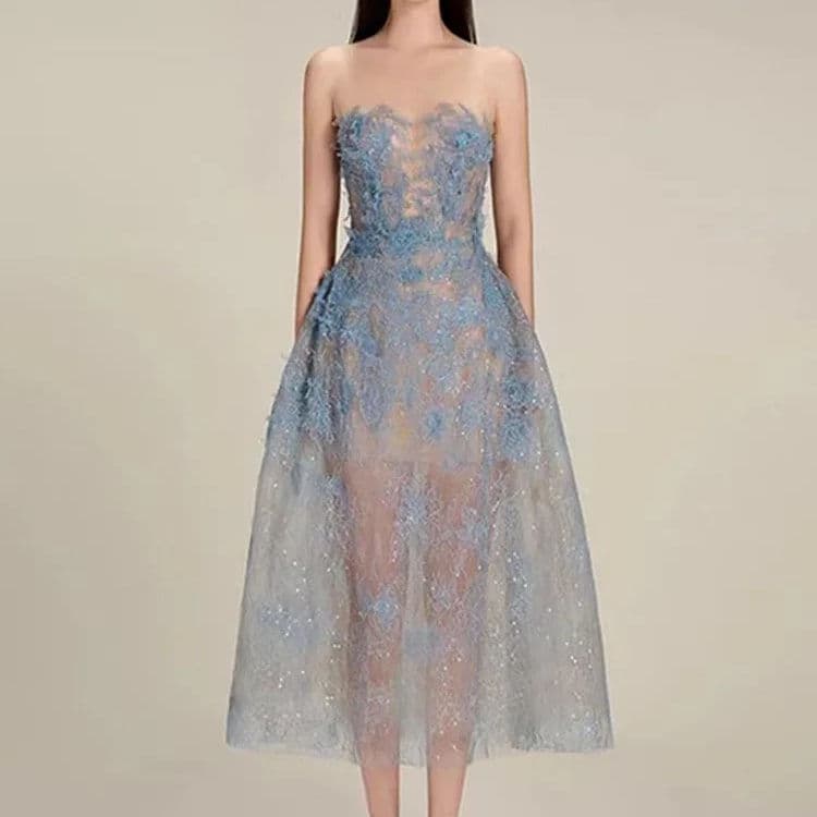 Luxury Lace Evening Dress Elegant 3D Flower Sequin See Through Strapless Party Dress