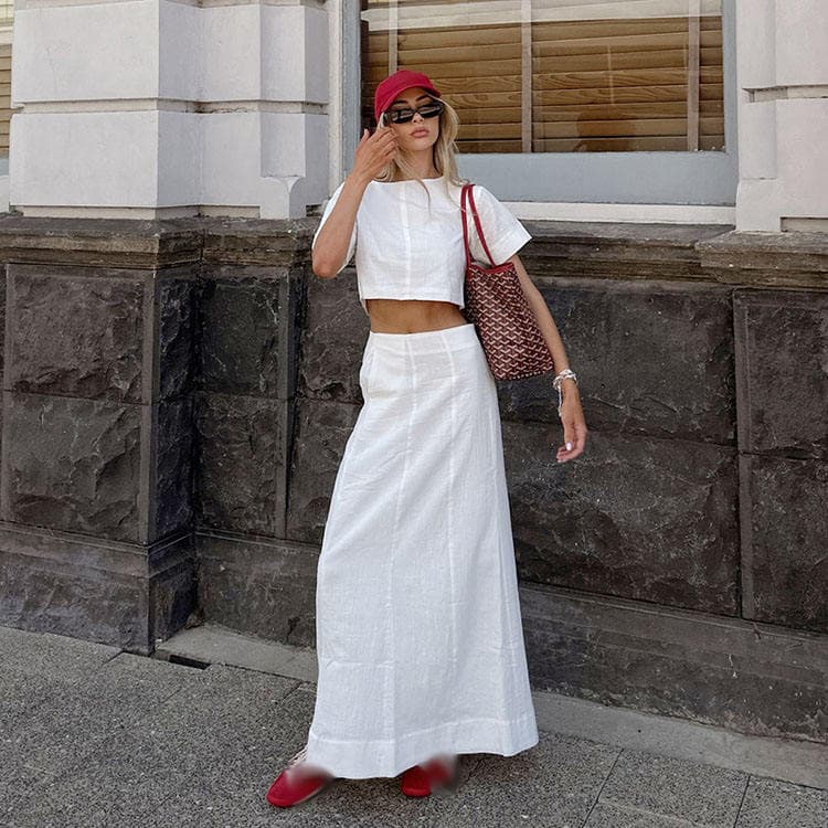 Wenshuo Fashion White Short Sleeve Vest and Long Skirt Set for Women 2026 Casual Cotton and Linen Two Piece Women Set