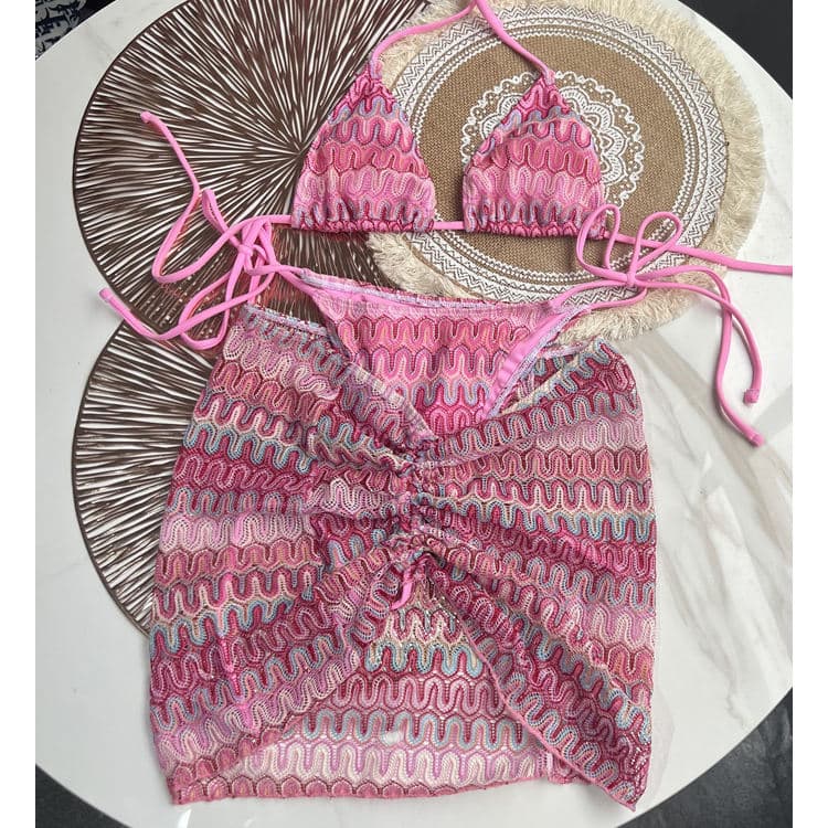 Custom Knit Bikini Skirt Three Piece Sexy Bikini Striped Swimsuit