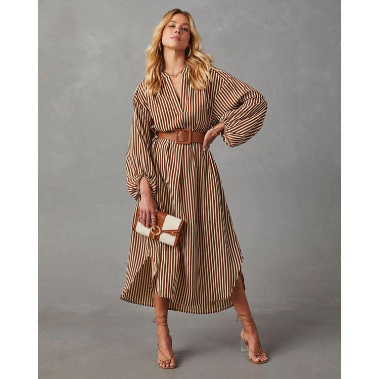 Wenshuo Striped Shirt Dress Custom logo Lantern Sleeve Dress Wholesale Elegant Loose Dress Factory Directly