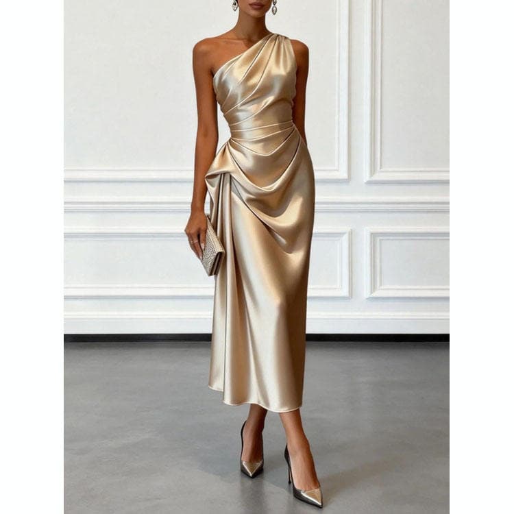 Wenshuo Solid Color Maxi Dress Wholesale One Shoulder Evening Dress Custom logo Pleated Satin Dress Factory Directly