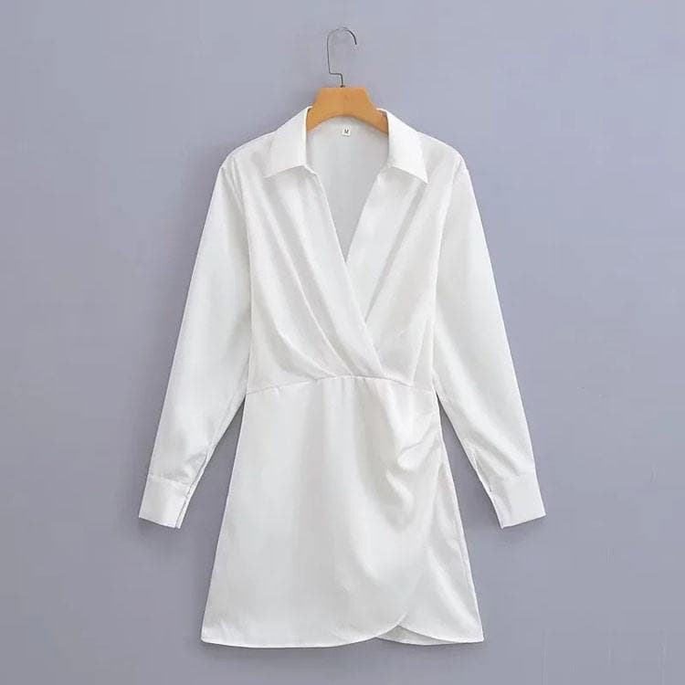 High Quality Turn Down Collar Long Sleeve Sexy Mini Dress Satin Elegant Casual Dress Pleated Shirt Dress Solid Colour