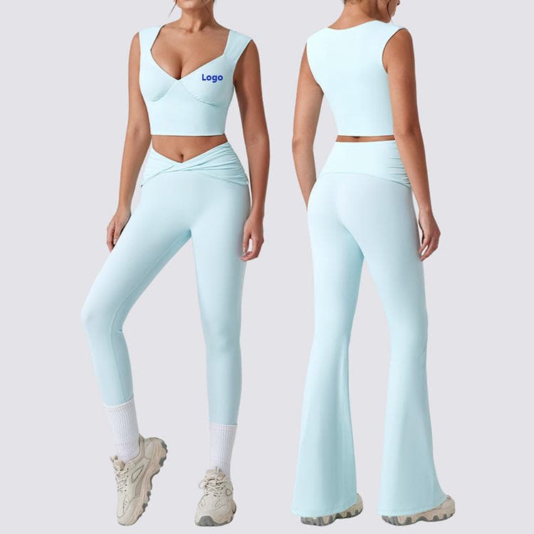 75 Nylon 25 Spandex Fitness Sports Set Deep V Crop Top and Legging Women 2 Piece Yoga Sets