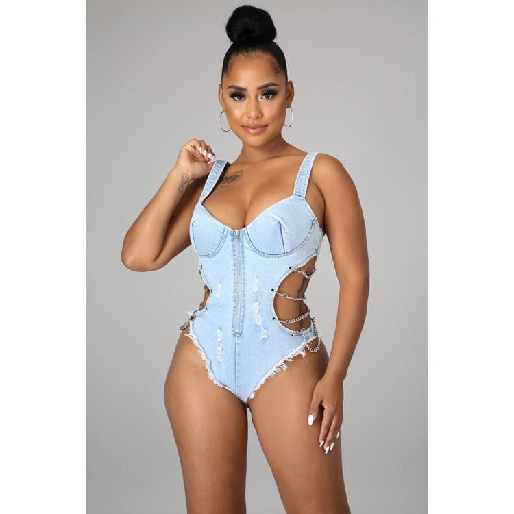New Chain Sleeveless Sling Sexy Denim Jumpsuit One Piece Swimwear