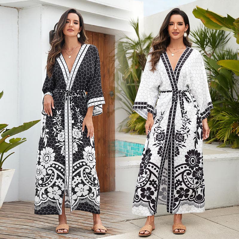 Sun protection Cardigan Long Dress Flower Print Rayon Shirt Wholesale Bikini Beach Cover up Manufacturer