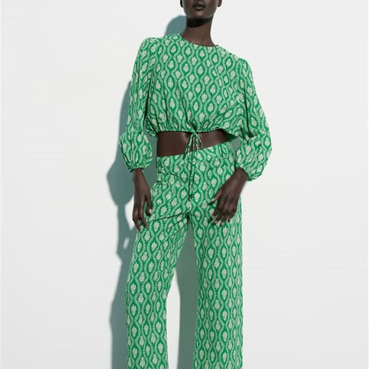 2023 Summer New Women Clothes Shrinking Rope Printed Shirt Pockets With Straight Leg Trousers Set
