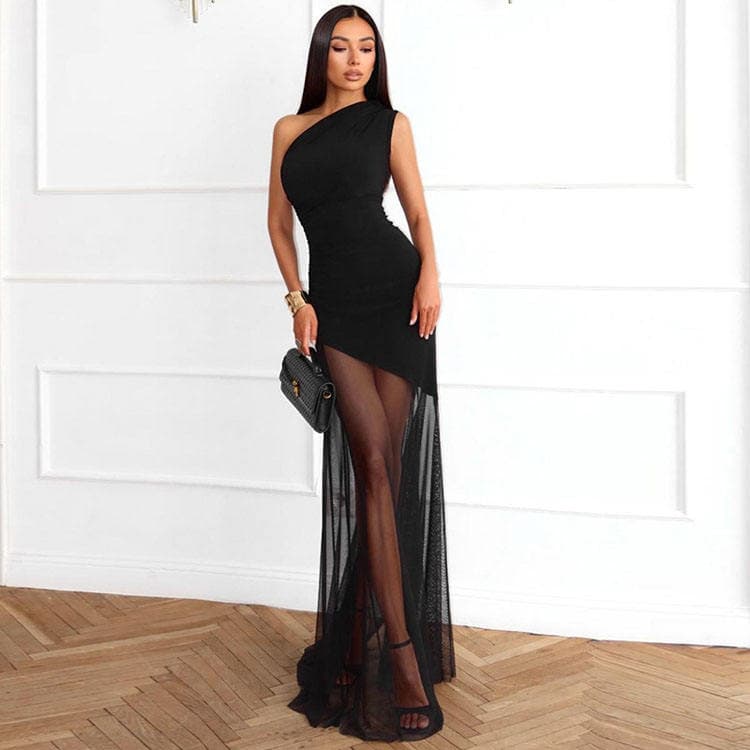 Wenshuo One-shoulder Party Dress Wholesale Sleeveless Evening Dress Custom logo Sheer Mesh Dress Factory Directly
