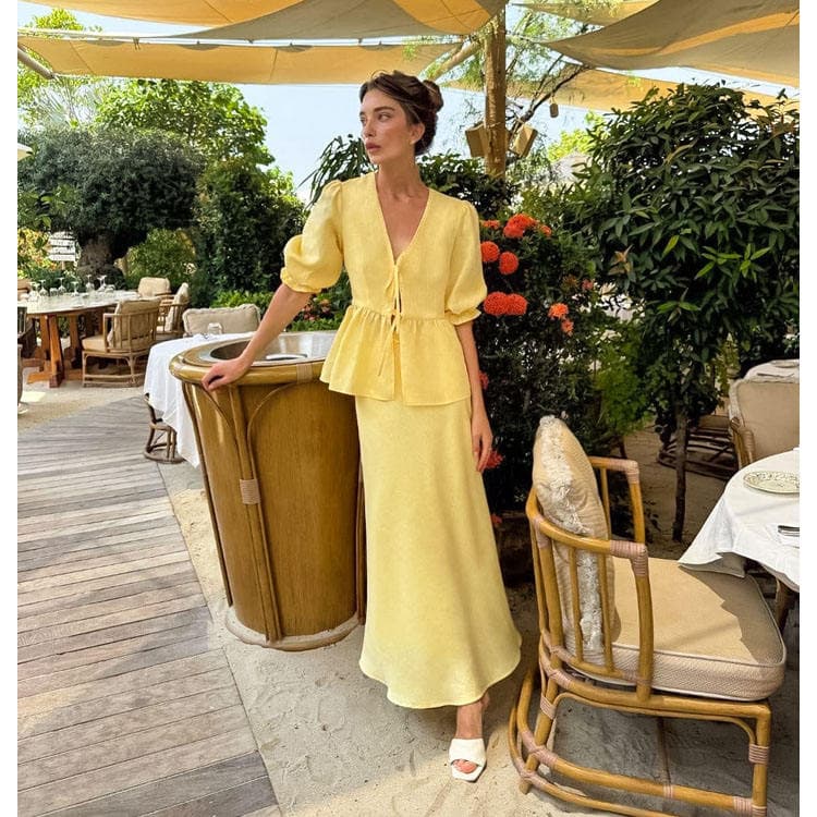 Wenshuo Vacation Casual Cotton Linen Puff Sleeve Top Set for Women 2026 Cardigan and Pants Two Piece Set Elegant